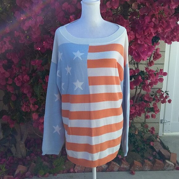 Stars and Stripes Forever Blue Burnt Orange and White Stripes Sweater Large - Picture 1 of 7